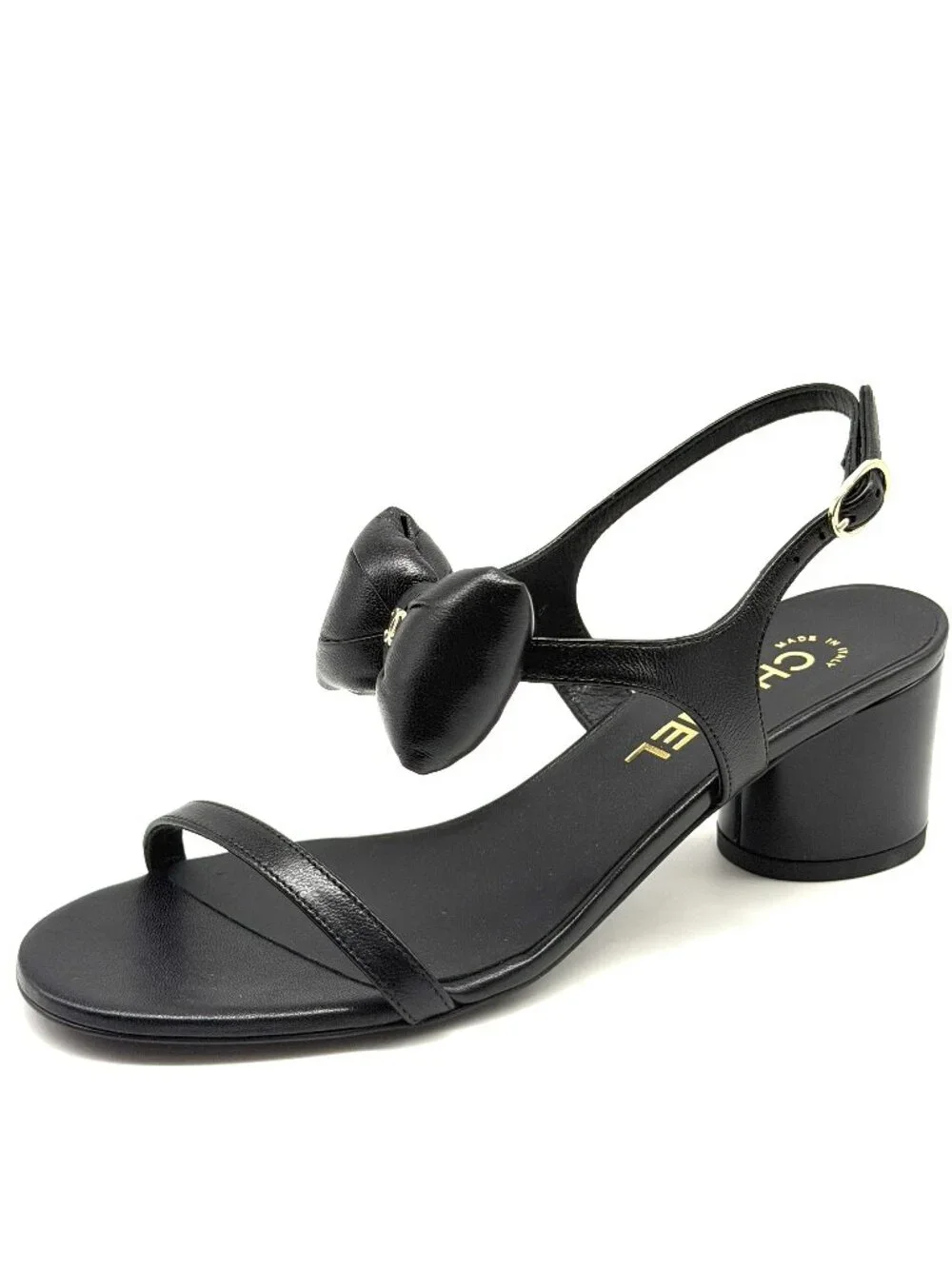 CHANEL 25P Lambskin Leather CC Bow Ankle Strap Sandals Block Heels Shoes - Picture 4 of 16